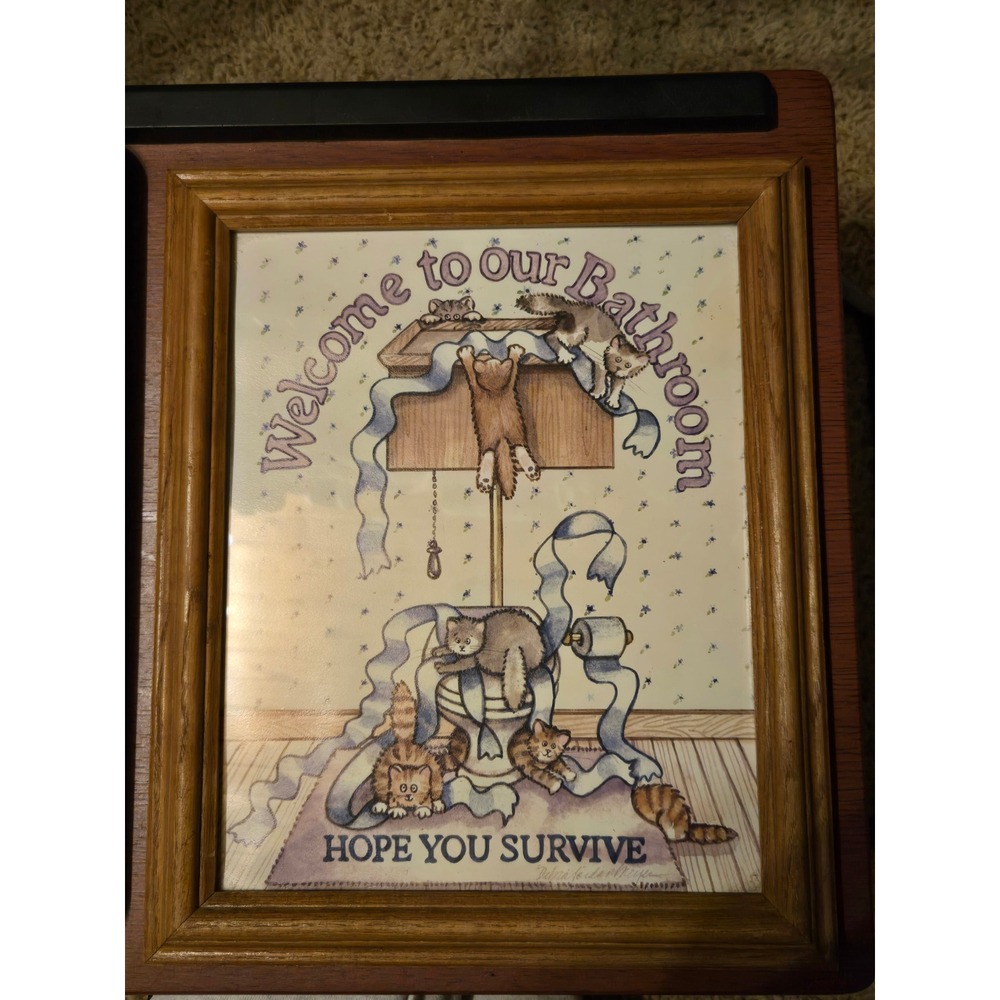 Vintage Figi Graphics Debra Jordan Bryan Cat Bathroom Art Framed Oak 1990s